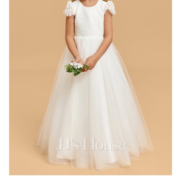 A-line Scoop Floor-Length Lace Tulle Flower Girl Dress 5T - Picture 2 of 16